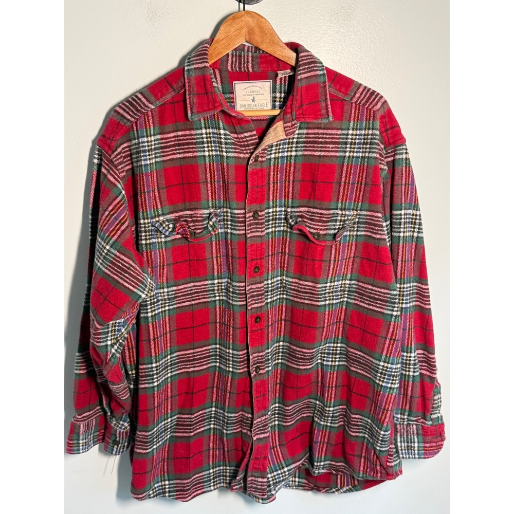 Vintage American Eagle Red Plaid Flannel Shirt Mens XL Cotton Rugged Tradition